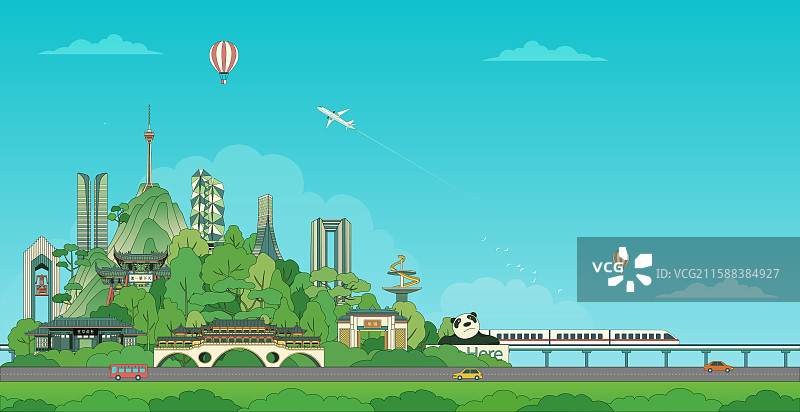 成都城市国庆五一旅游度假矢量插画图片素材