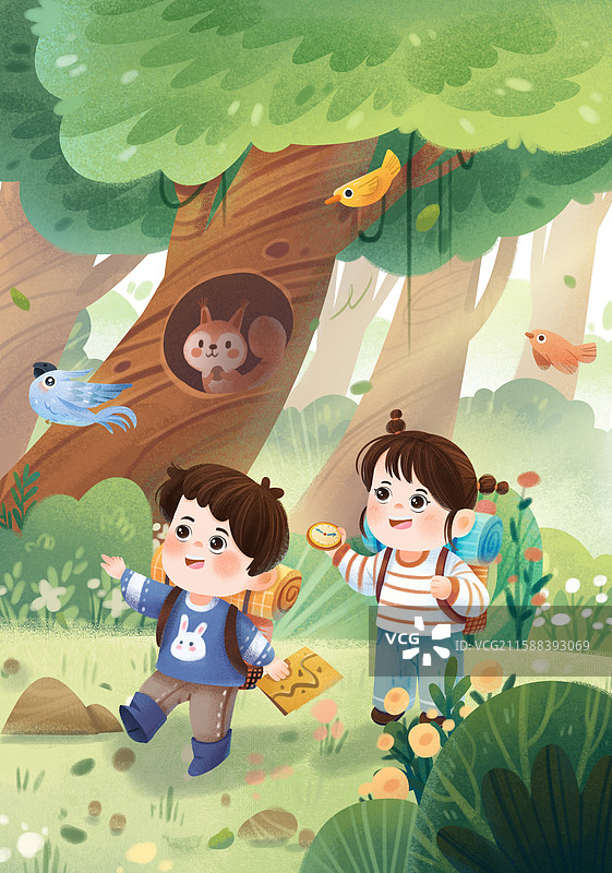 手绘卡通儿童森林探险治愈系竖图插画图片素材