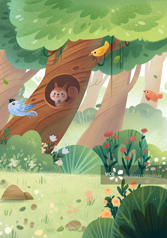 手绘卡通森林植物树林道路小鸟风景治愈系竖图背景图片素材