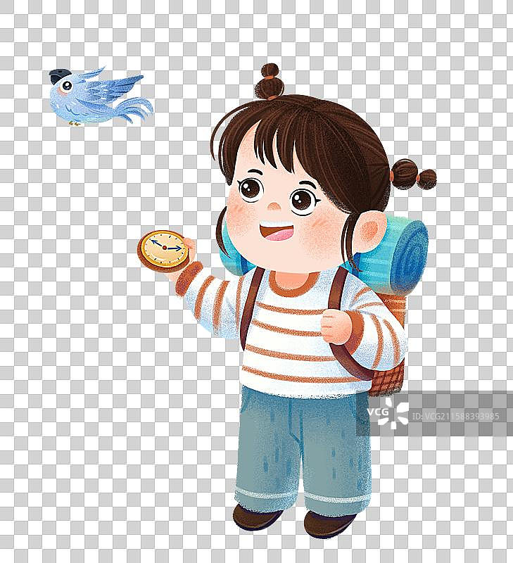 手绘卡通可爱女孩手拿指南针探险遇到小鸟免抠元素图片素材
