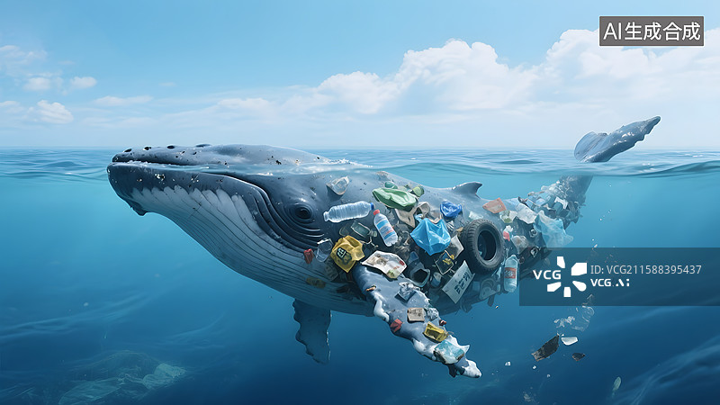 【AI数字艺术】海洋中鲸鱼身上的塑料垃圾3D插画图片素材