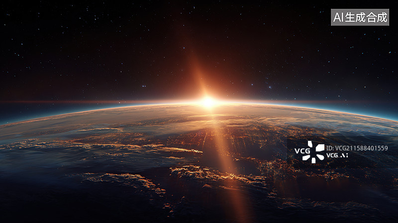 【AI数字艺术】地球日出光芒照亮云层图片素材