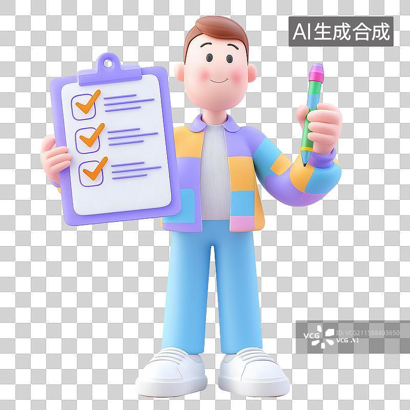 【AI数字艺术】3D卡通人物持清单检查记录图片素材