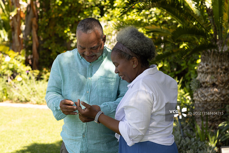 老年夫妇在花园中共享快乐时光，查看智能手机。图片素材