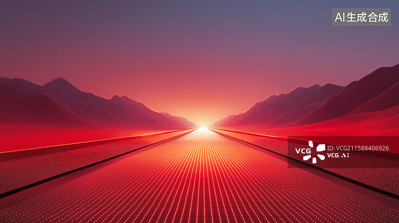 【AI数字艺术】商务红色背景——抽象发光红色高山与公路图片素材