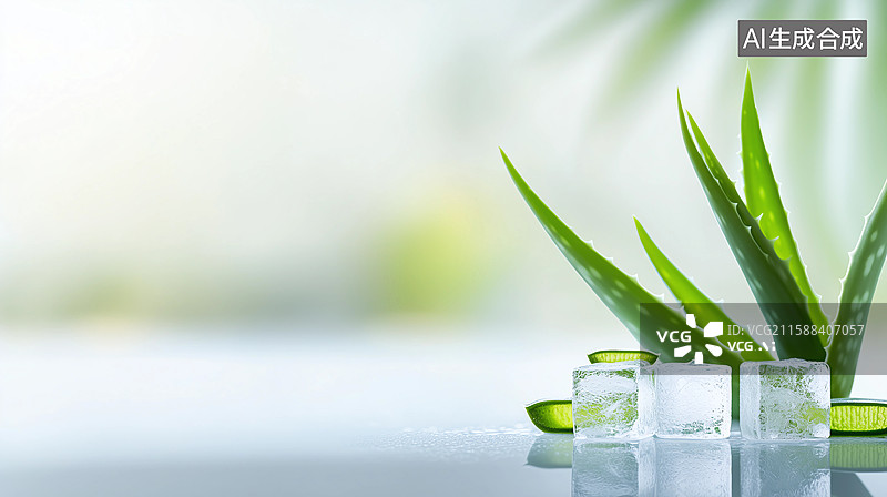 【AI数字艺术】切开的芦荟和冰块护肤品保湿概念背景图片素材
