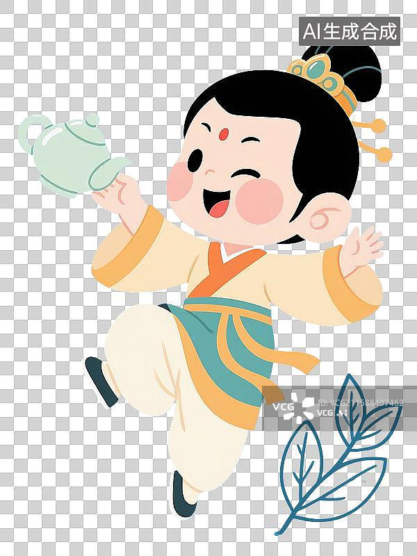 【AI数字艺术】中国风手绘插画，拿着茶壶的古代儿童，喝茶，茶壶，茶具，茶道，传统服饰，茶文化，免抠元素图片素材