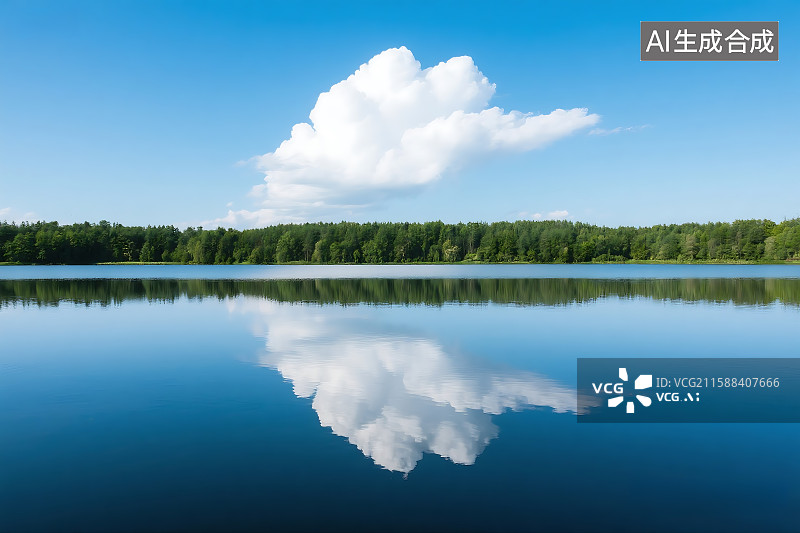 【AI数字艺术】蓝天白云森林风景 湖面镜面倒影 海报背景素材图 ppt 墙纸图片素材