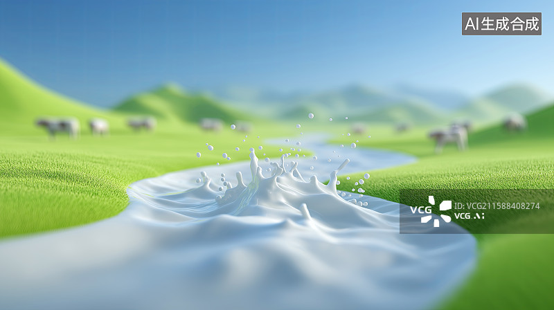 【AI数字艺术】乳品饮料主题背景——乳白色液体像河流一样流过草原牧场图片素材