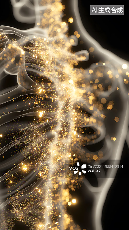 【AI数字艺术】X光射线透视脊椎骨金色3D渲染背景图片素材