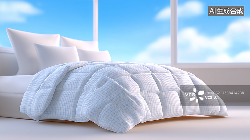 【AI数字艺术】3D蓝白格纹床品卧室场景图片素材