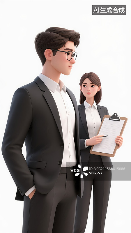 【AI数字艺术】3d人物，工作中的男女穿着正装，里面穿白色衬衣，手上拿着速记板，商务风格图片素材