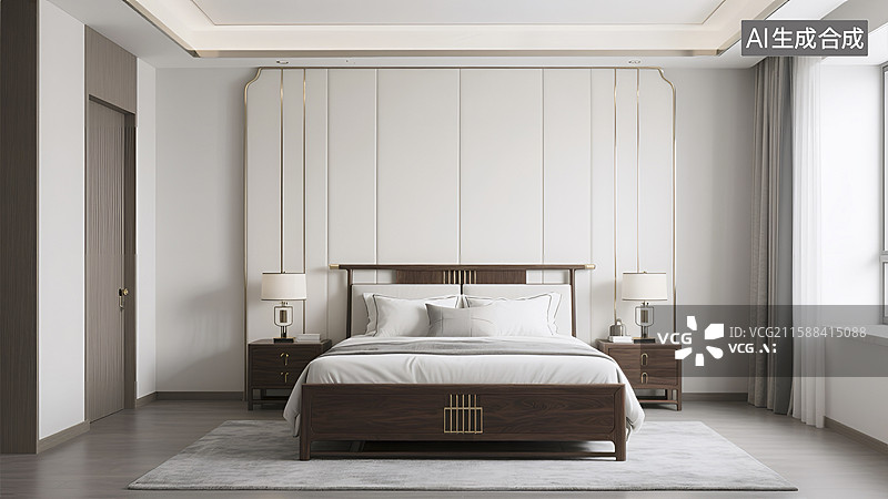 【AI数字艺术】中式轻奢风格的卧室样板间图片素材