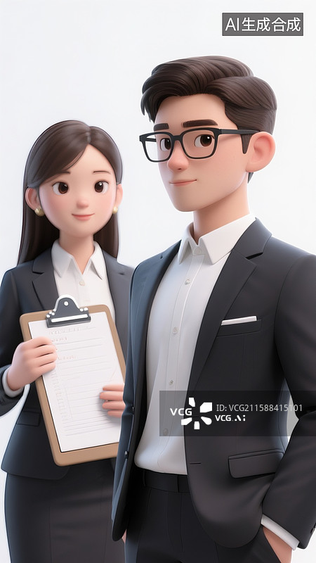 【AI数字艺术】3d人物，工作中的男女穿着正装，里面穿白色衬衣，手上拿着速记板，商务风格图片素材