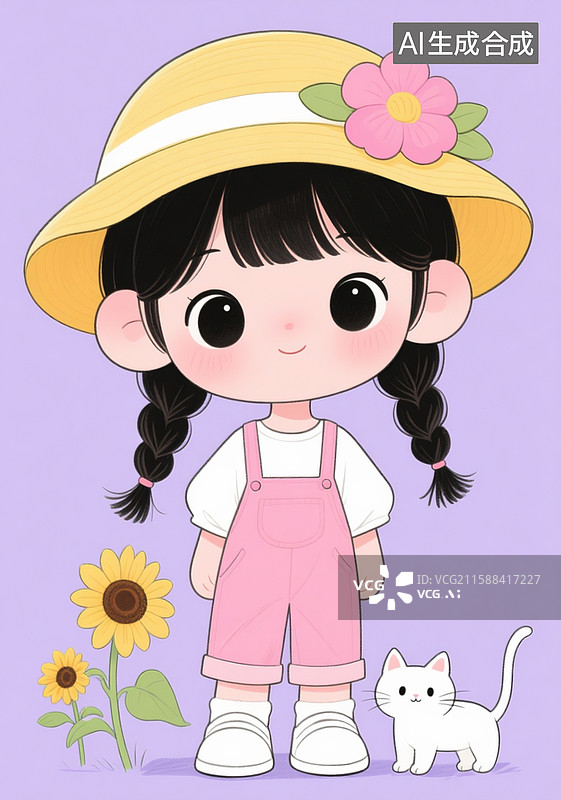 【AI数字艺术】插画，Q版人物，女孩梳着漂亮两条小麻花辫，黄色遮阳帽粉色的背带裤，白色小鞋子，淡紫色背景图片素材