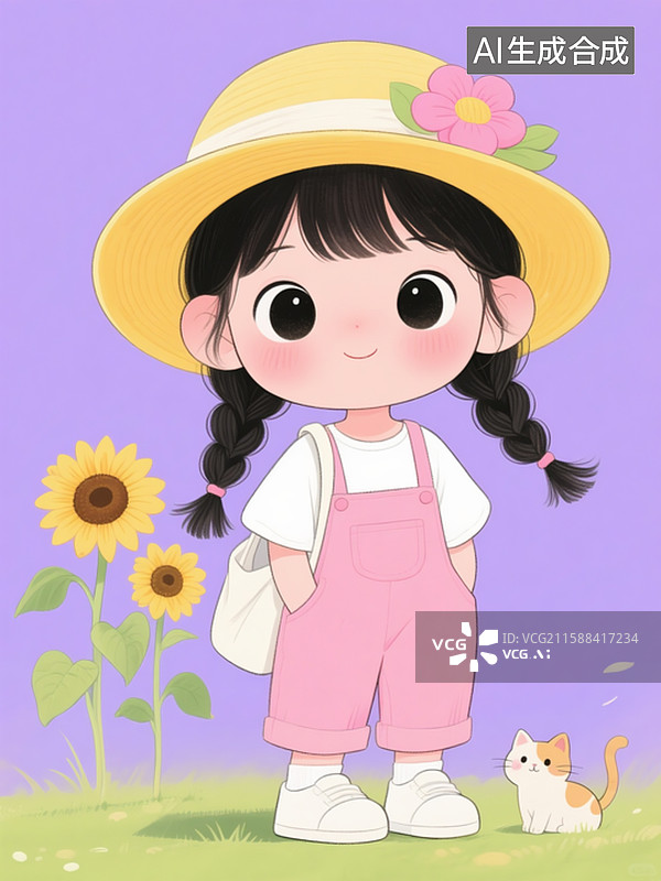 【AI数字艺术】插画，Q版人物，女孩梳着漂亮两条小麻花辫，黄色遮阳帽粉色的背带裤，白色小鞋子，淡紫色背景图片素材