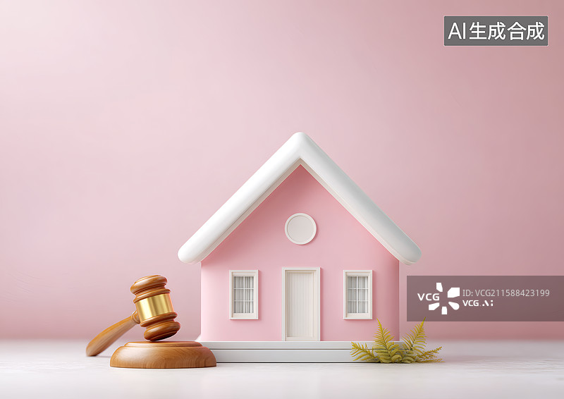 【AI数字艺术】法拍房模型法槌和房屋图片素材