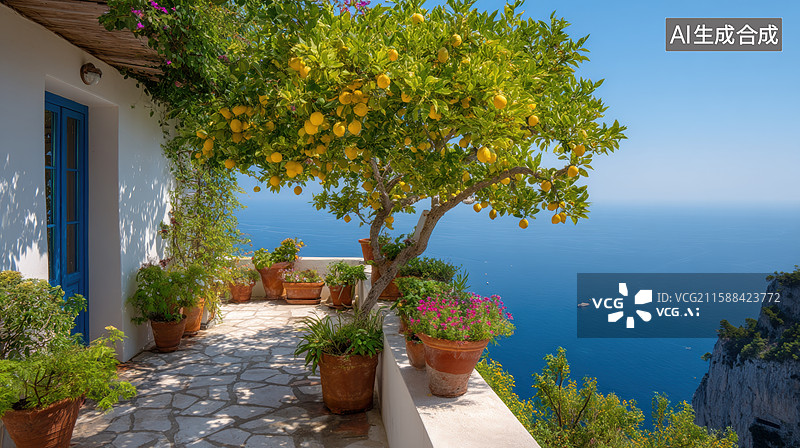 【AI数字艺术】海边白色建筑旁的柠檬树图片素材