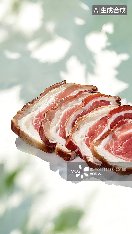 【AI数字艺术】切片培根特写，阳光下的美食诱惑图片素材