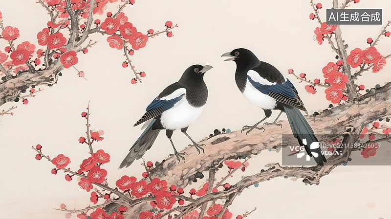 【AI数字艺术】梅花枝头上栖息的两只画眉鸟图片素材