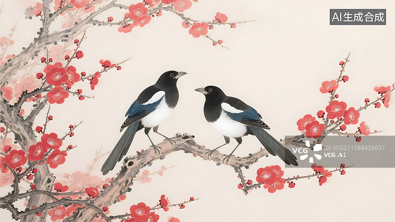 【AI数字艺术】梅花枝头上栖息的两只画眉鸟图片素材