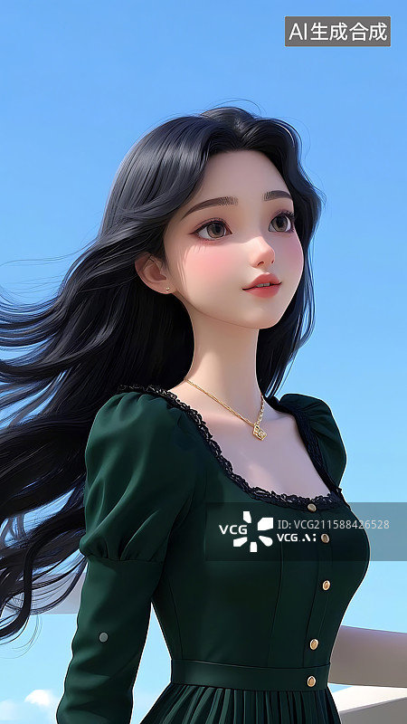 【AI数字艺术】动漫风格的年轻女子穿着绿色连衣裙，蓝天背景图片素材