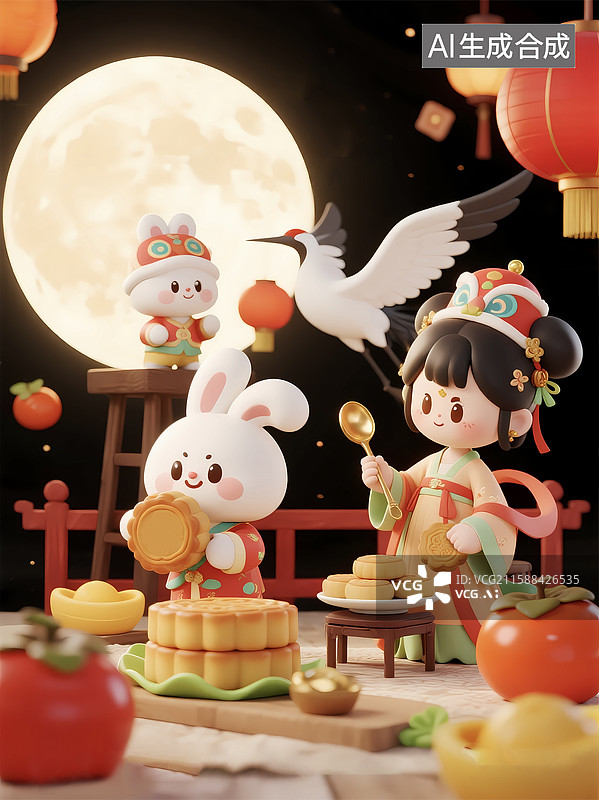 【AI数字艺术】中秋节嫦娥玉兔赏月制作月饼卡通场景图片素材