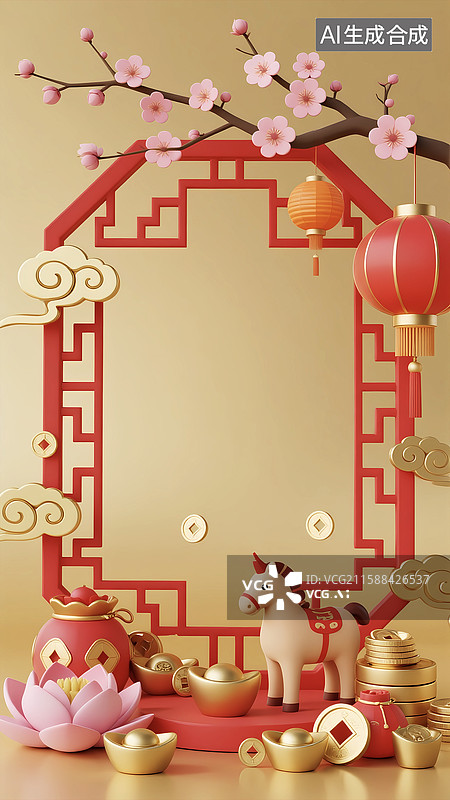【AI数字艺术】金色马年喜庆国风新年春节场景图片素材