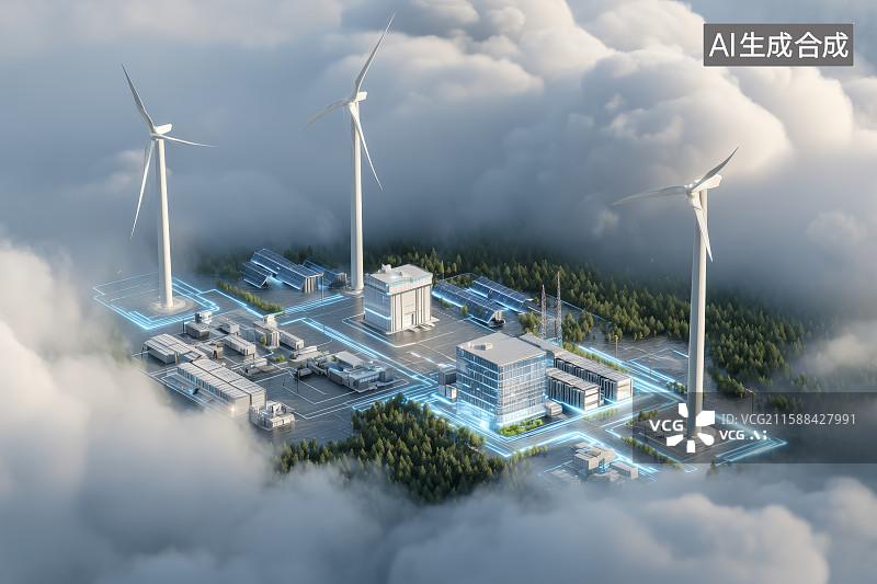 【AI数字艺术】云端上的风力发电厂图片素材