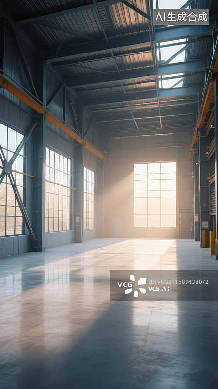 【AI数字艺术】阳光穿透窗户的工业仓库内部图片素材