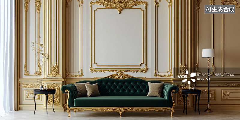 【AI数字艺术】豪华金色客厅装饰图片素材
