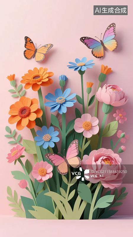 【AI数字艺术】纸艺花卉与蝴蝶的和谐场景图片素材