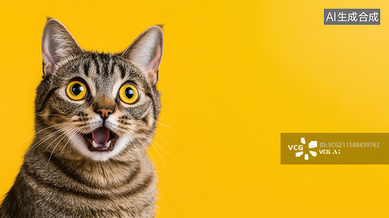 【AI数字艺术】黄色背景下惊讶的斑纹猫图片素材