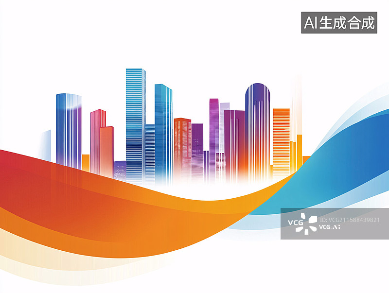 【AI数字艺术】绚丽色彩下的城市天际线剪影图片素材