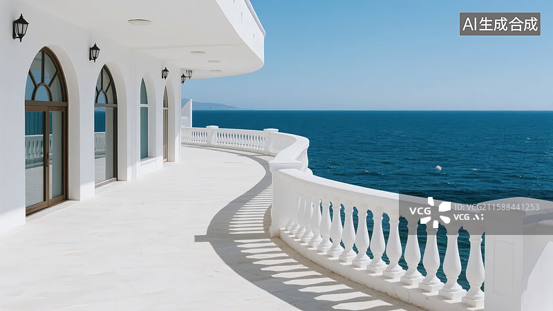【AI数字艺术】海滨别墅的白色阳台图片素材