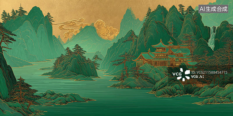 【AI数字艺术】东方山水画：翠绿山峦与金色古建筑图片素材