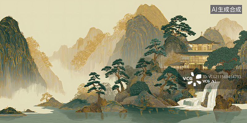 【AI数字艺术】东方山水画：翠绿山峦与金色古建筑图片素材