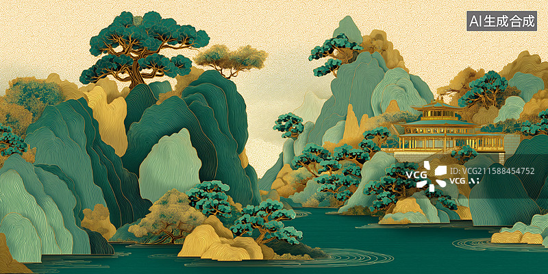 【AI数字艺术】东方山水画：翠绿山峦与金色古建筑图片素材