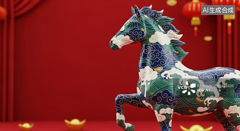 【AI数字艺术】带有春节元素的彩色装饰马雕像图片素材