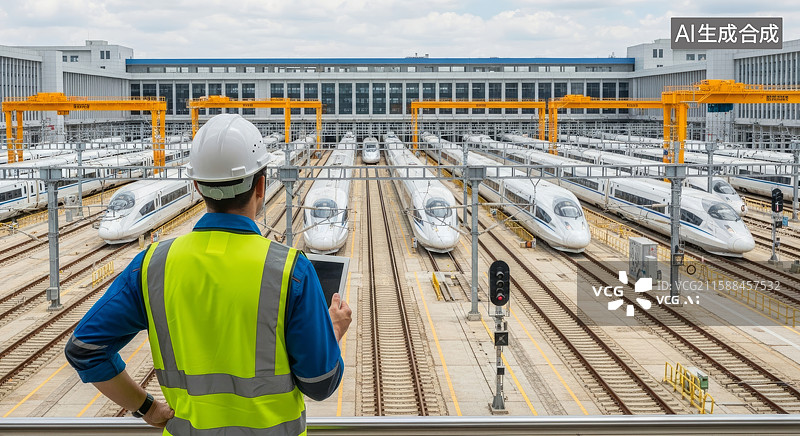 【AI数字艺术】工程师监督高速列车维护场景图片素材
