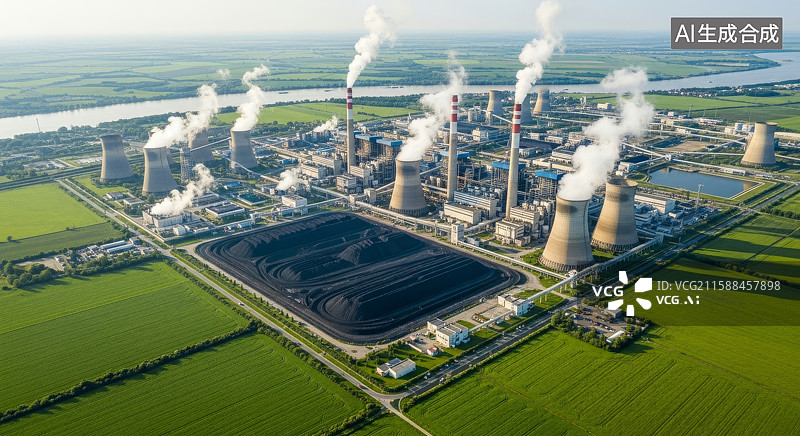 【AI数字艺术】燃煤发电厂的航拍景象图片素材