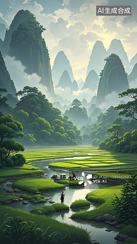 【AI数字艺术】新中式山水,喀斯特峰林,层叠远山,澄澈河流,茂密青绿植被,仙鹤,飞鸟,云雾缭绕,明亮治愈色调,3D渲图片素材