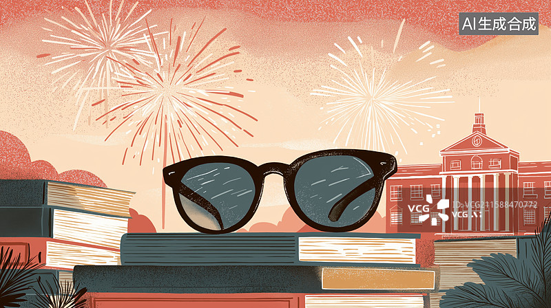 【AI数字艺术】书堆上的墨镜与烟花背景图片素材