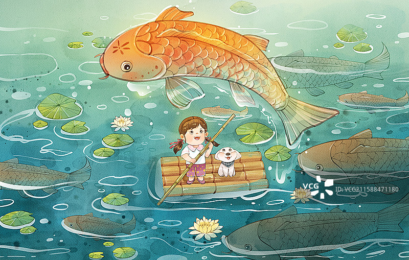 手绘水彩夏天锦鲤鲤鱼女孩划船可爱治愈系横图插画图片素材