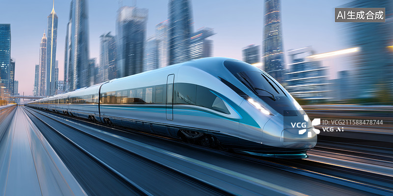 【AI数字艺术】高速列车穿行现代都市图片素材