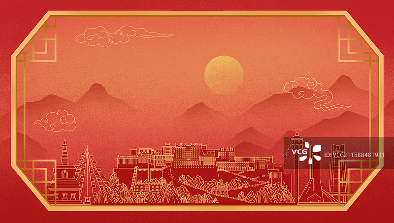 西藏红色中秋节中国风新年古典淡雅山峰窗户景观城市图片素材