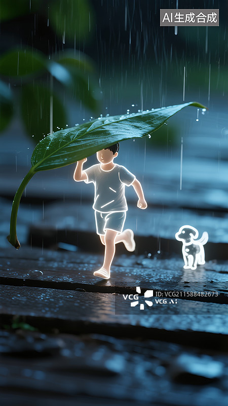 【AI数字艺术】雨中奔跑的小孩图片素材