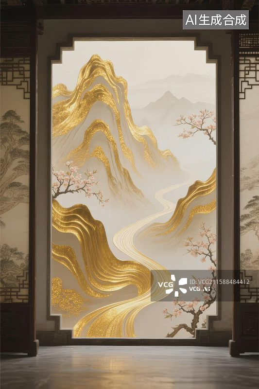 【AI数字艺术】山水画屏风图片素材