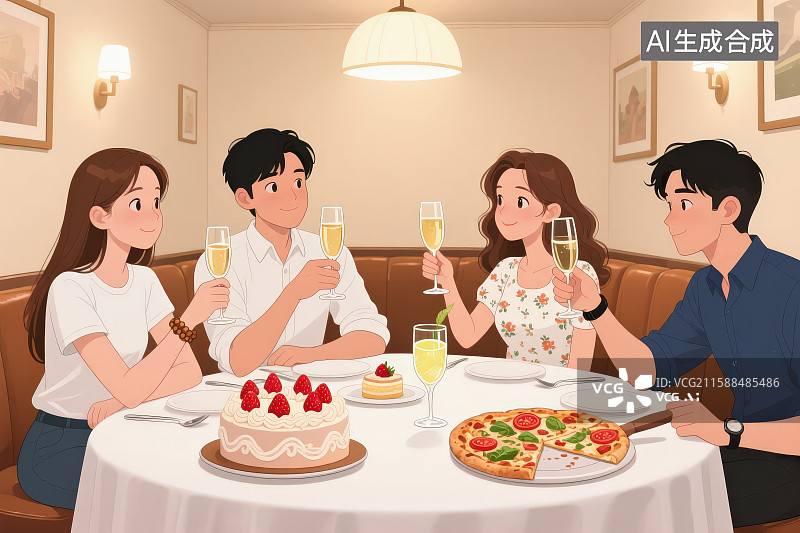 【AI数字艺术】卡通年轻朋友们一起聚会喝啤酒饮料香槟图片素材