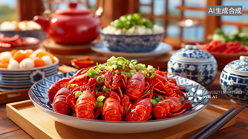 【AI数字艺术】麻辣小龙虾配蔬菜和调料图片素材